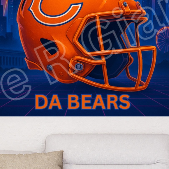 20x16 Chicago Bears Inspired Football Helmet Art Print Night Skyline Wall Deco - Picture 2 of 2